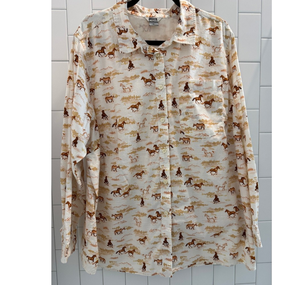 Duluth Trading Co Button Up Shirt Womens 3X Horse Print Cotton Western Cowgirl